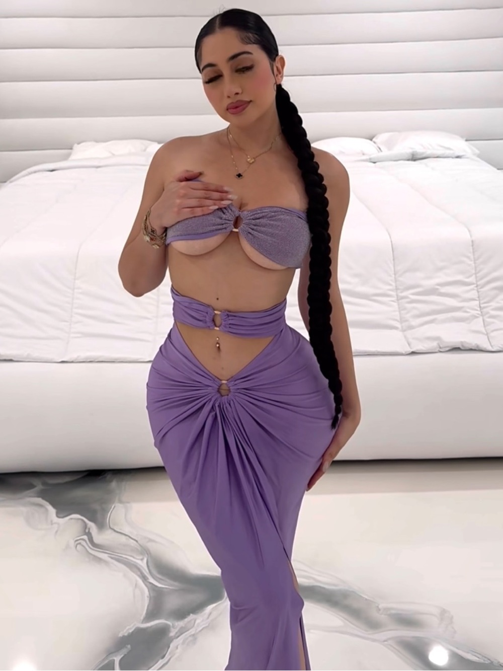 Purple dress and purple shorts